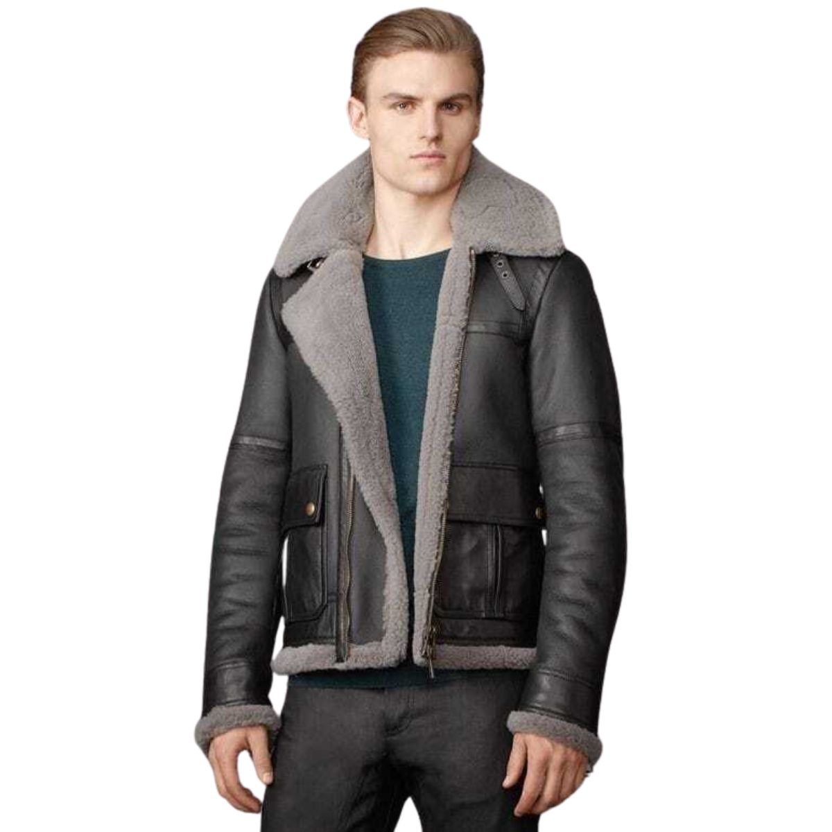 Black b3 Bomber Men Shearling Motorcycle Jacket with Fur