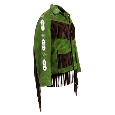 Mens Light Green Western Suede Fringe Jacket