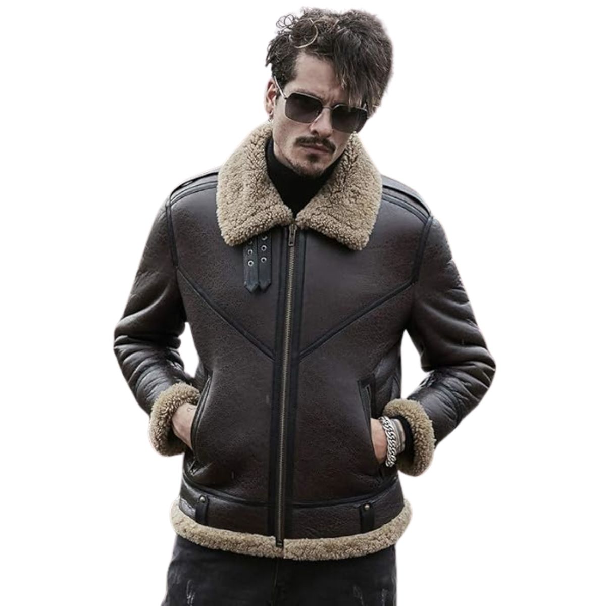 Mens Aviator B3 Red Leather Shearling Fur Jacket