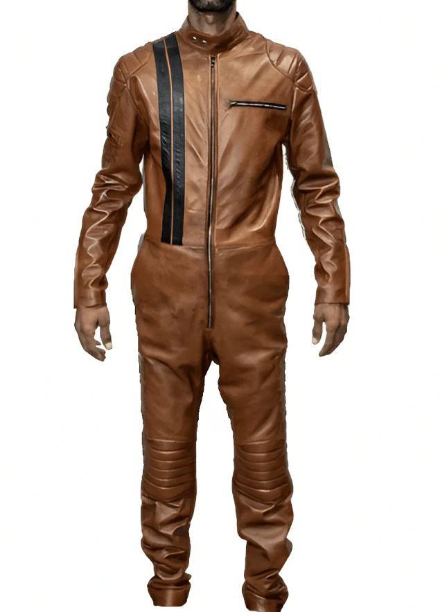 Men Brown Leather Overalls with Front Zipper