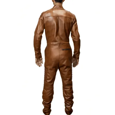 Men Brown Leather Overalls with Front Zipper