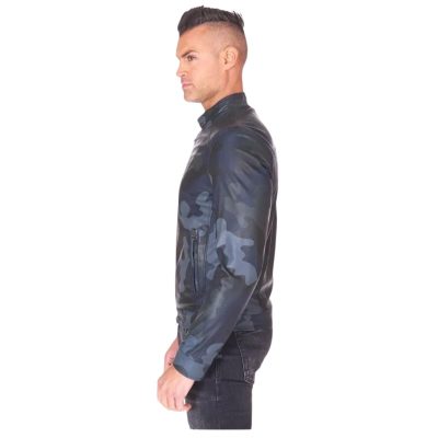 Men Blue Camouflage Biker Style Jacket