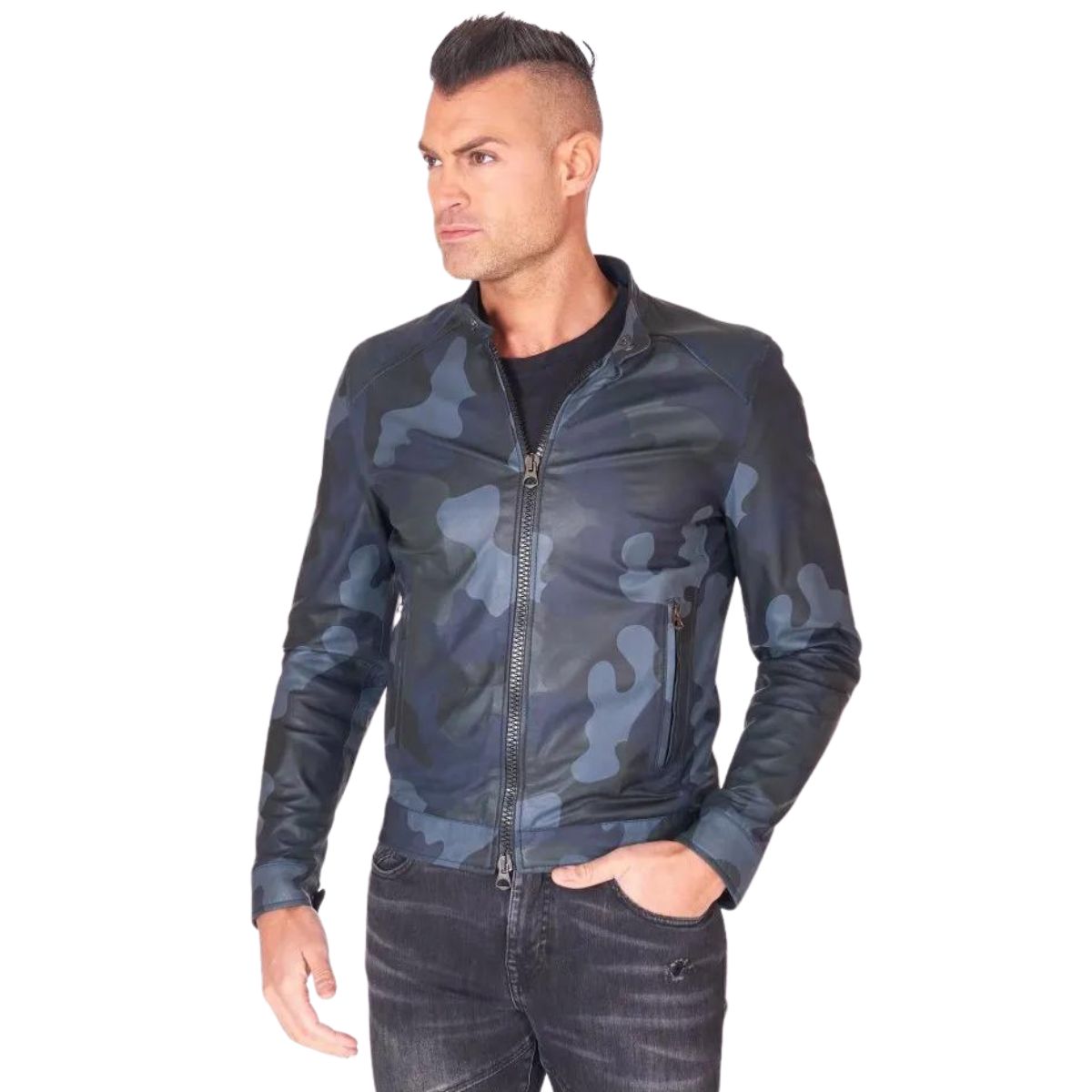 Men Blue Camouflage Biker Style Jacket
