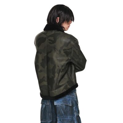 Men Bomber Green Leather Camouflage Jacket