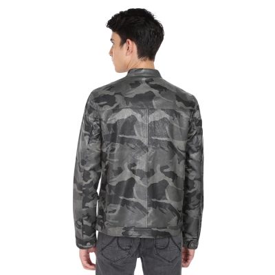 Men Grey Camouflage leather Jacket