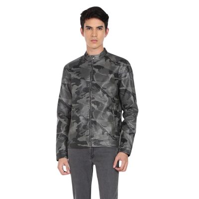 Men Grey Camouflage leather Jacket