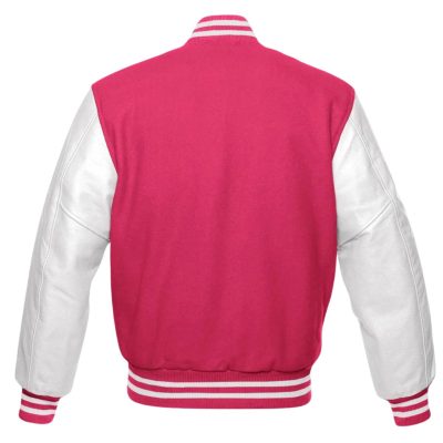 Men Pink Varsity Jacket With White Leather Sleeves