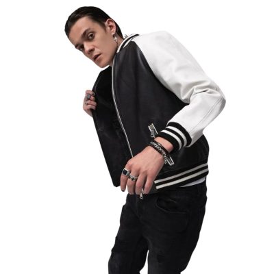 Men Black Leather Vasrity Jackets With White Sleeves