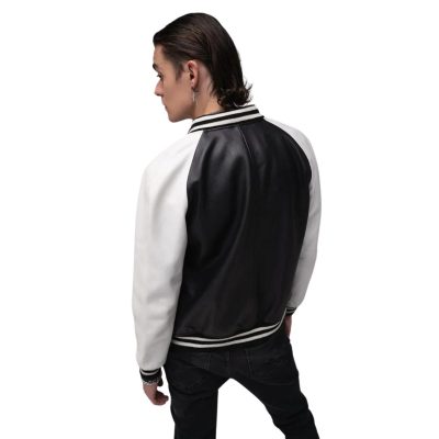 Men Black Leather Vasrity Jackets With White Sleeves