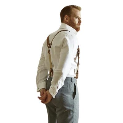 Men Dark Brown Real Leather Suspenders