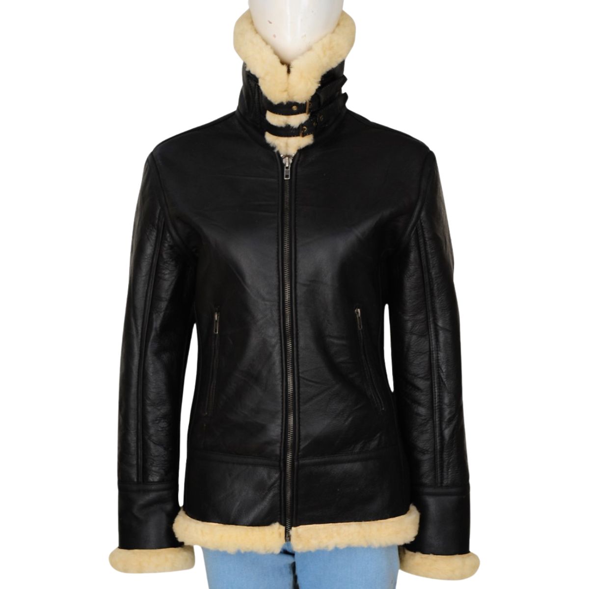 Black Women B3 Fur Aviator Styled Sheepskin Shearling Leather Jacket