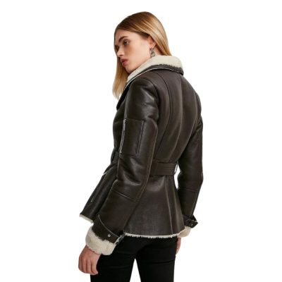 Women’s Brown Leather White Shearling Fur Collar Jacket