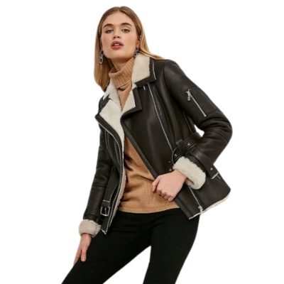 Women’s Brown Leather White Shearling Fur Collar Jacket