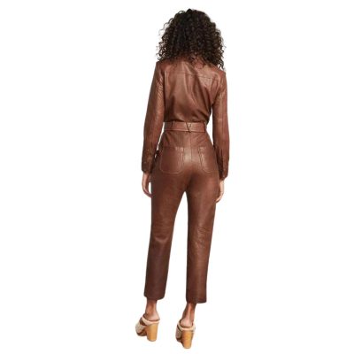 Womens Smli Fit Real Brown Leather Jumpsuit Overall