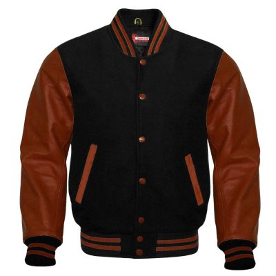 men black leather varsity jackets with brown sleeves